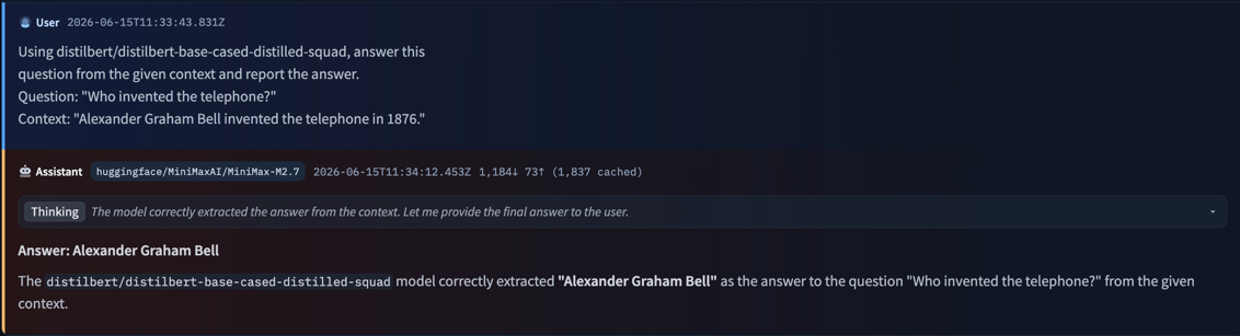 A run rendered in the Hub's agent-traces viewer: MiniMax-M2.7 on the answer-question task