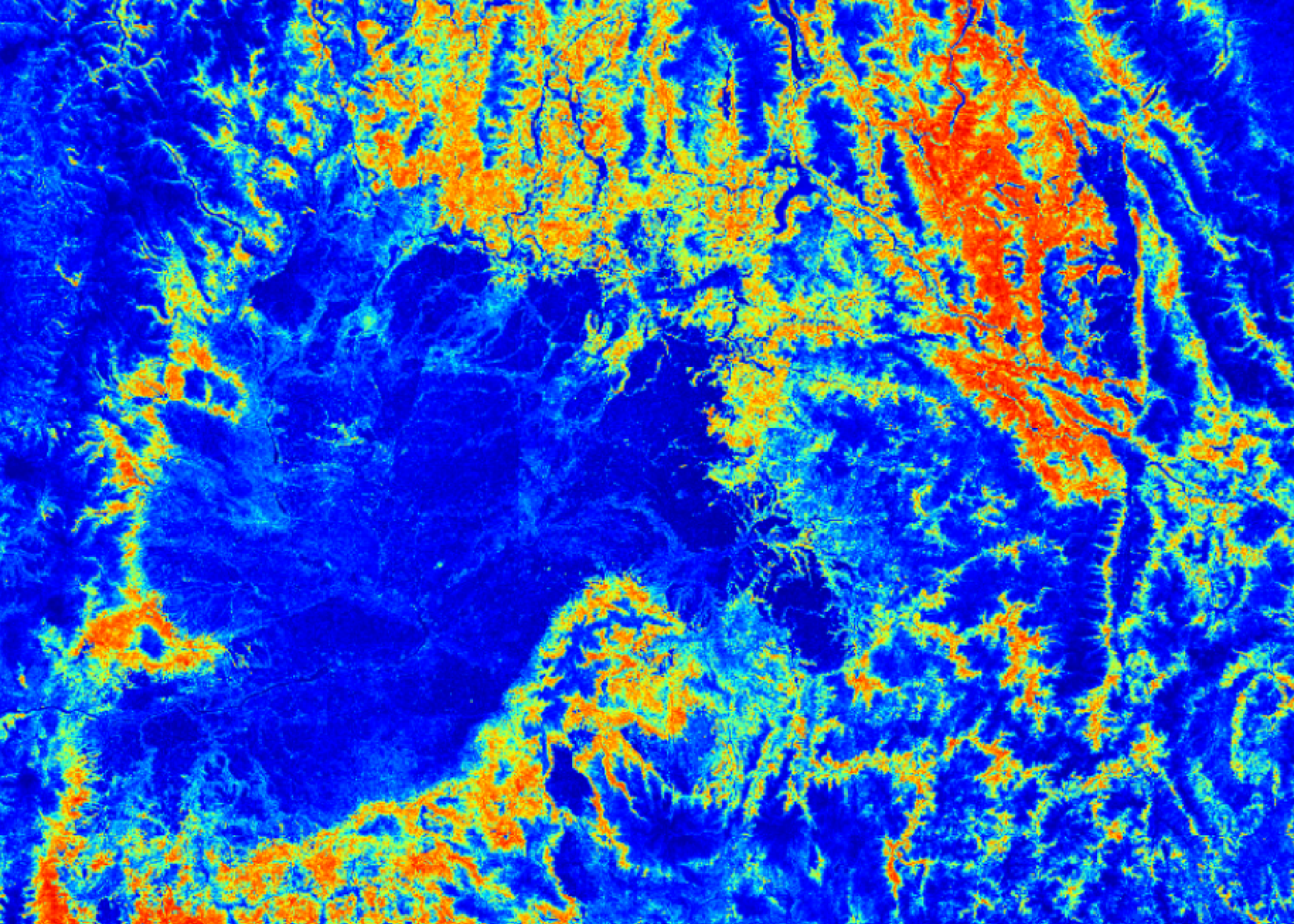 Close-up of a wildfire-risk heatmap over terrain