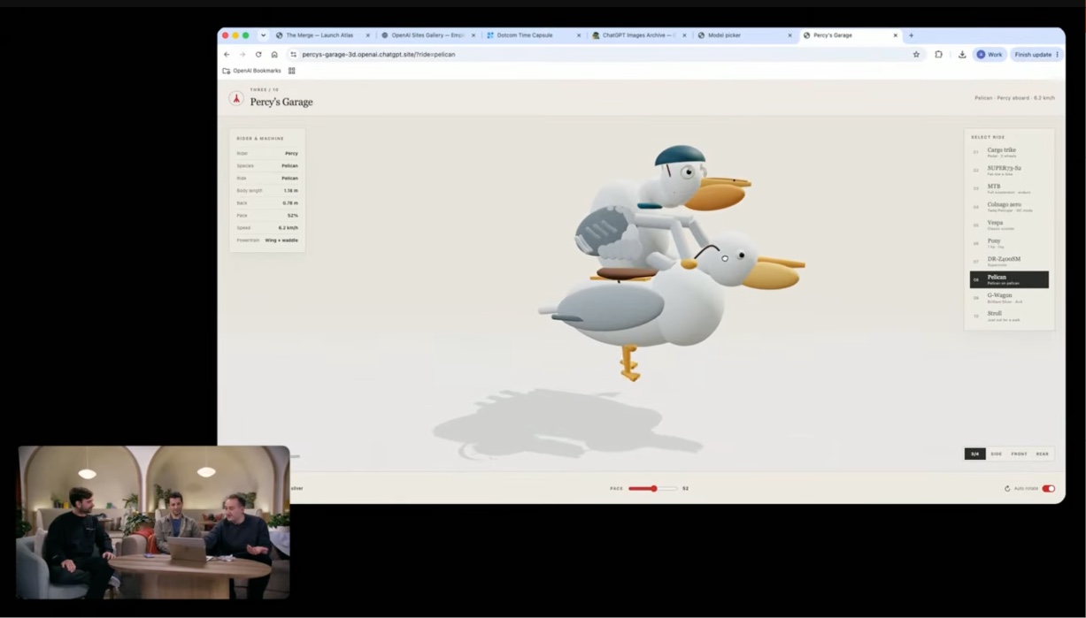 Frame from a livestream showing a 3D model of a pelican riding another pelican