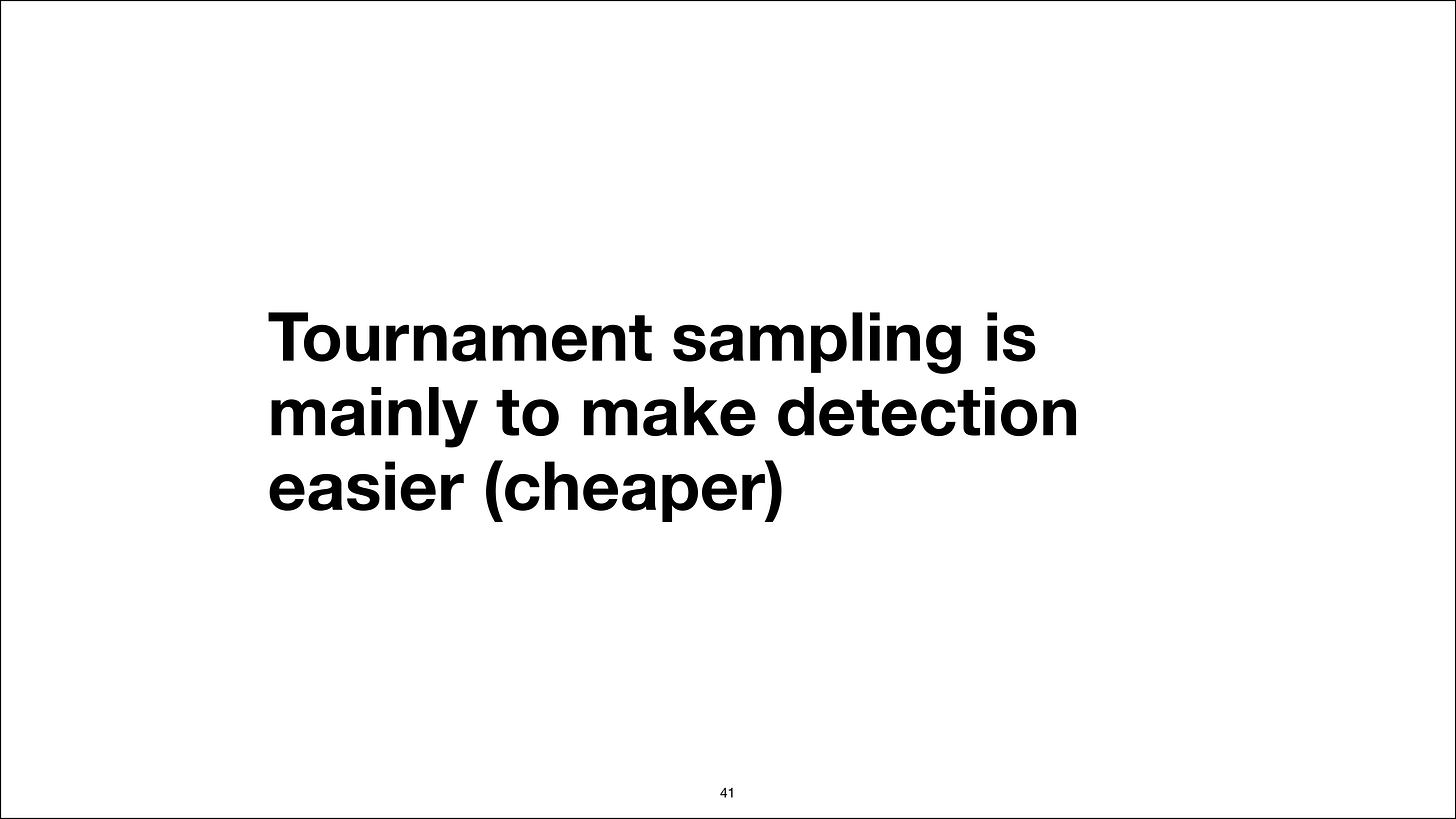 Tournament sampling mainly makes detection cheaper
