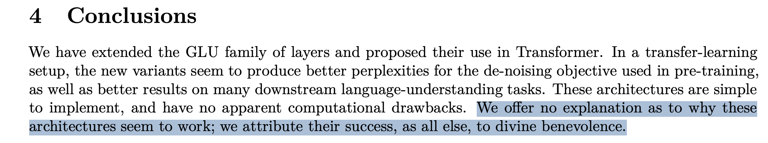 Conclusions section of the GLU Variants Improve Transformer paper