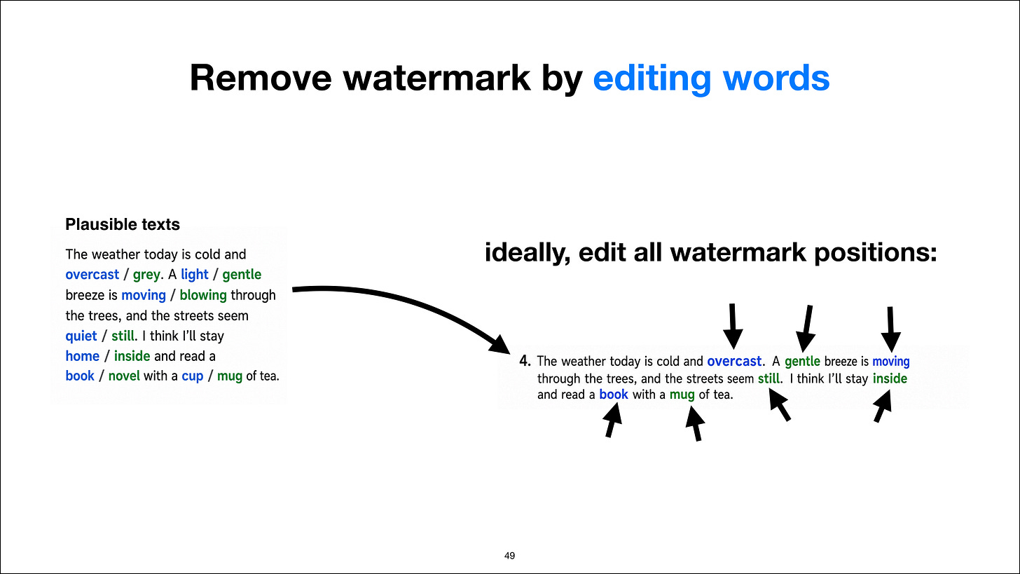 Ideally, watermark removal edits every watermarked position