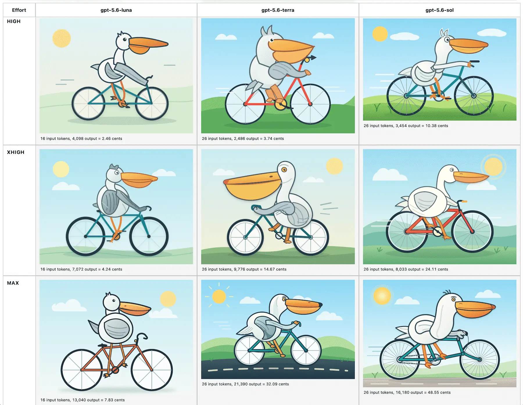 A grid of nine pelicans riding bicycles, of varying quality