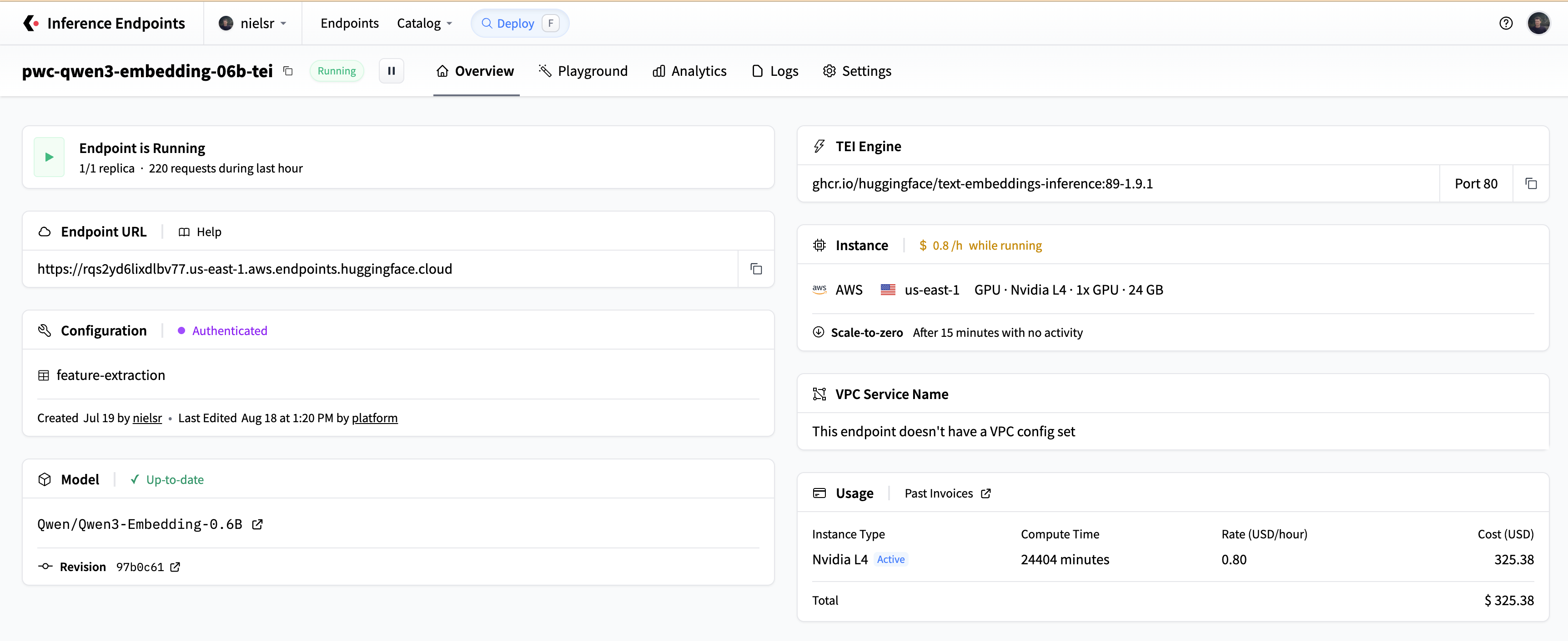 Hugging Face Inference Endpoint overview for the Papers with Code query embedding model