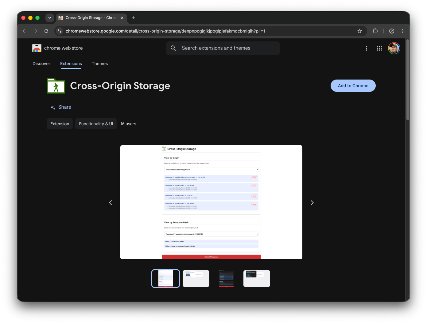 Chrome Web Store page for the Cross-Origin Storage extension.